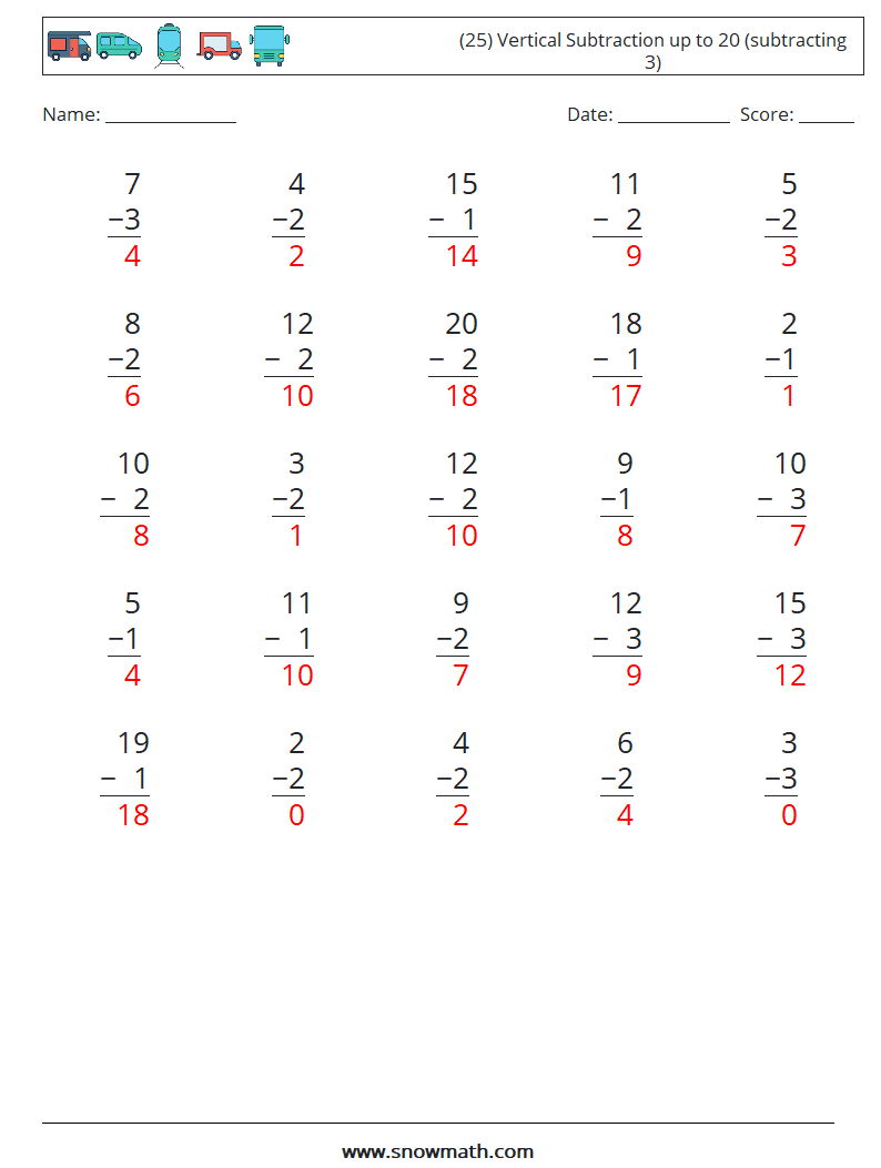 (25) Vertical Subtraction up to 20 (subtracting 3) Math Worksheets 12 Question, Answer