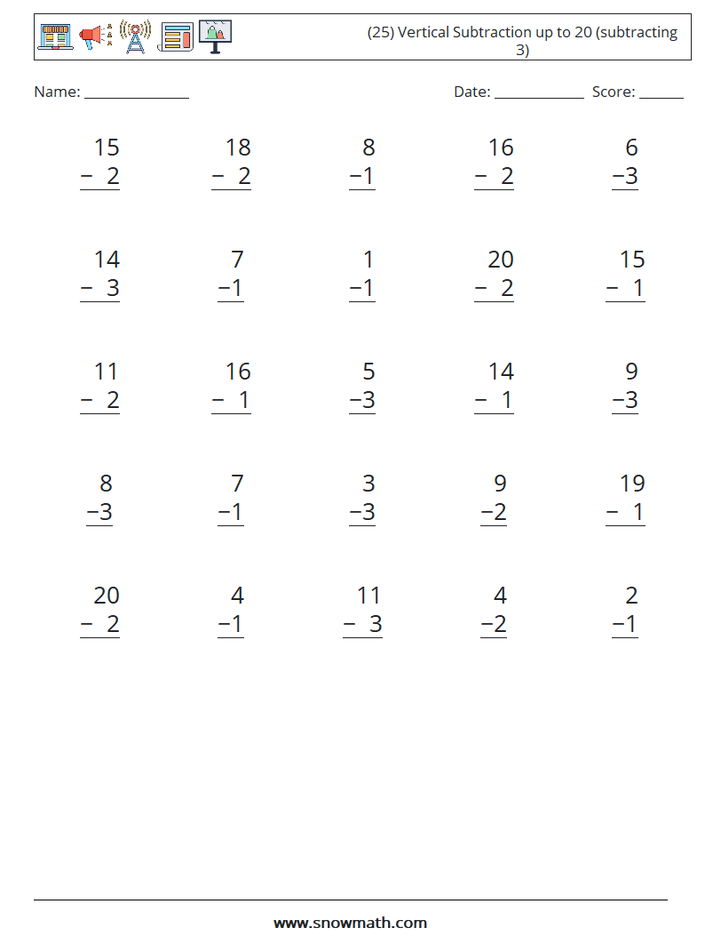 (25) Vertical Subtraction up to 20 (subtracting 3) Math Worksheets 13