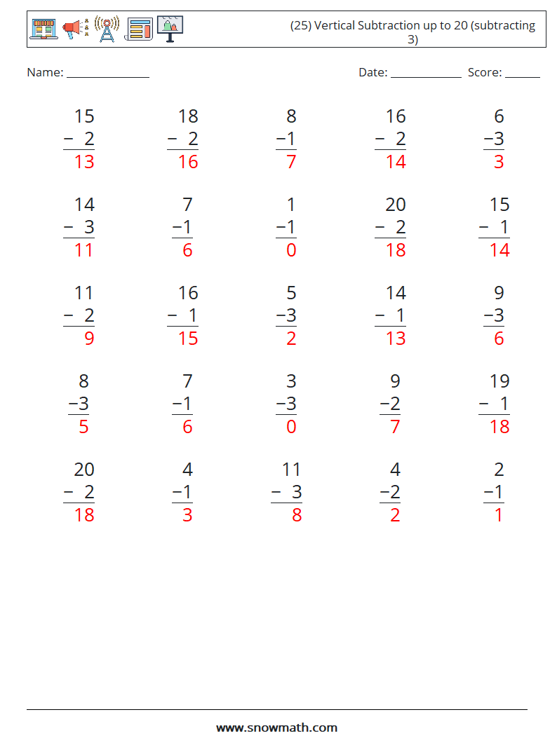 (25) Vertical Subtraction up to 20 (subtracting 3) Math Worksheets 13 Question, Answer