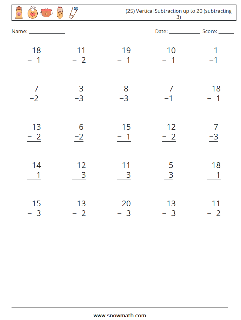 (25) Vertical Subtraction up to 20 (subtracting 3) Math Worksheets 14