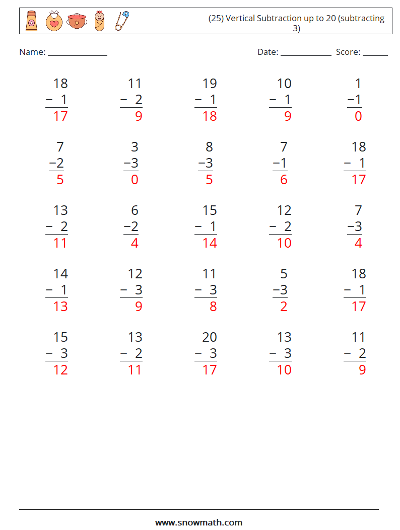 (25) Vertical Subtraction up to 20 (subtracting 3) Math Worksheets 14 Question, Answer