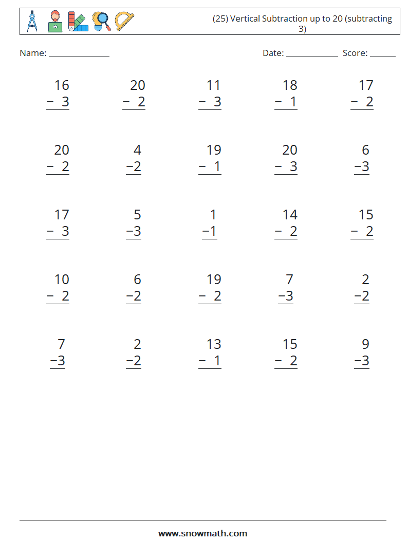 (25) Vertical Subtraction up to 20 (subtracting 3) Math Worksheets 15