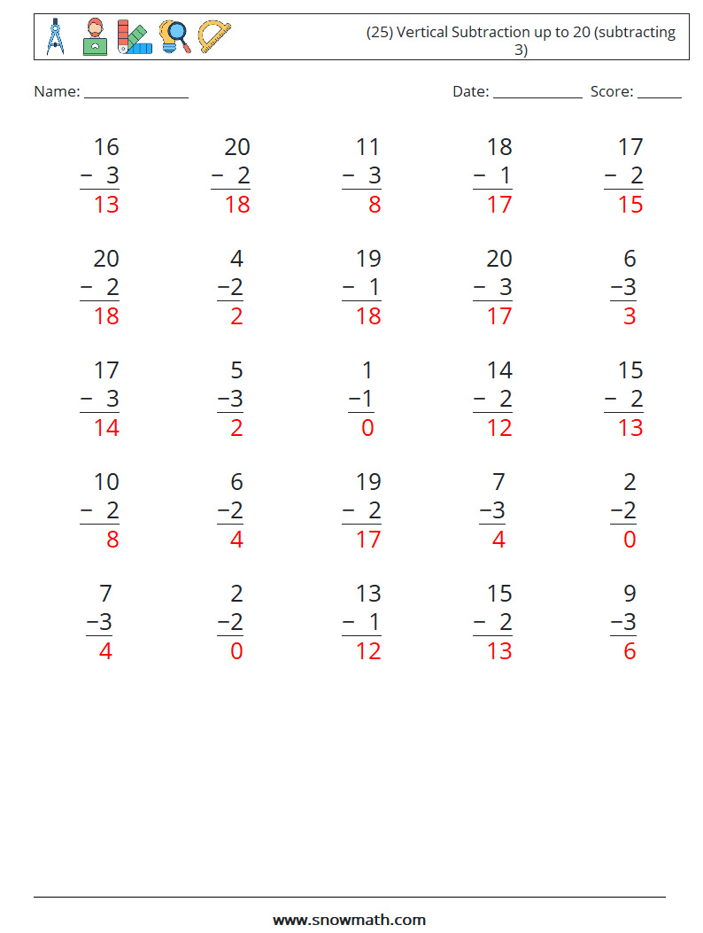 (25) Vertical Subtraction up to 20 (subtracting 3) Math Worksheets 15 Question, Answer