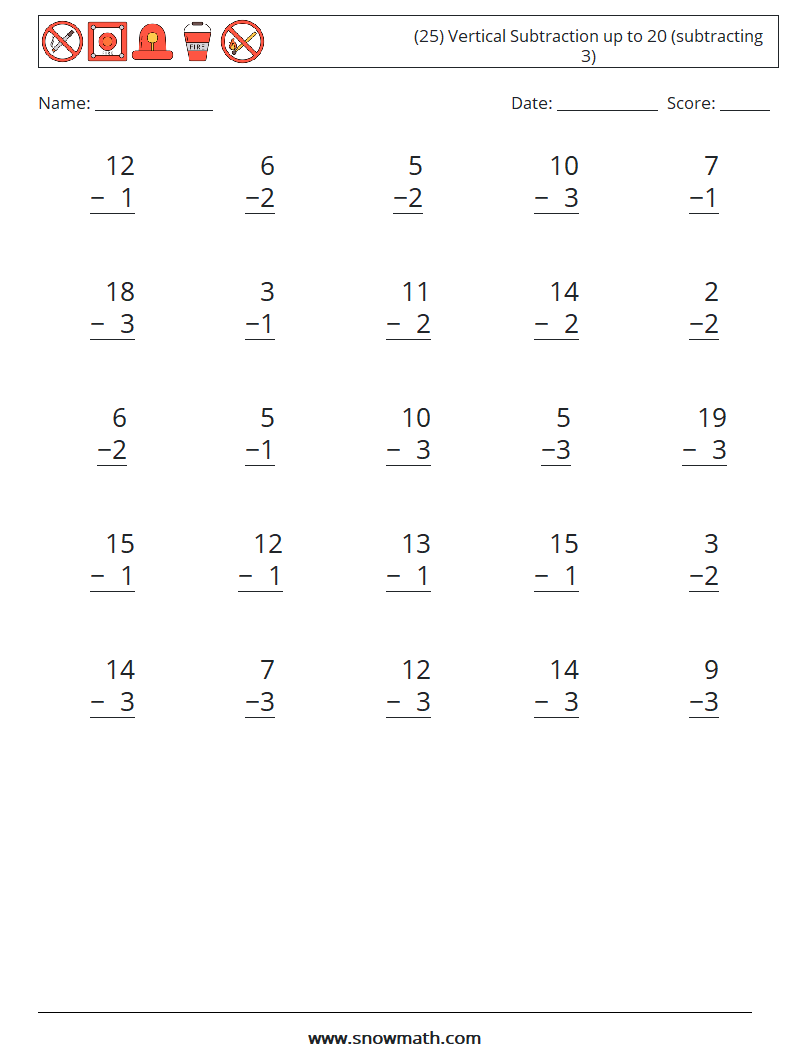 (25) Vertical Subtraction up to 20 (subtracting 3) Math Worksheets 16