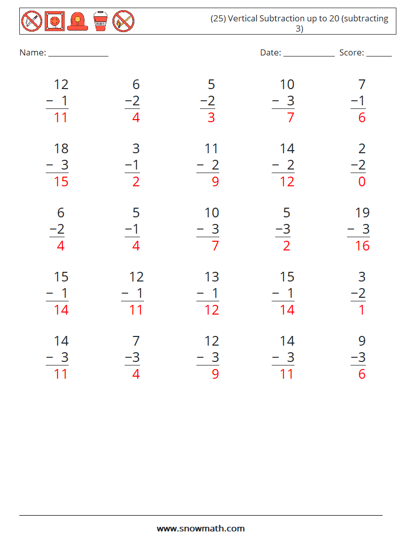 (25) Vertical Subtraction up to 20 (subtracting 3) Math Worksheets 16 Question, Answer