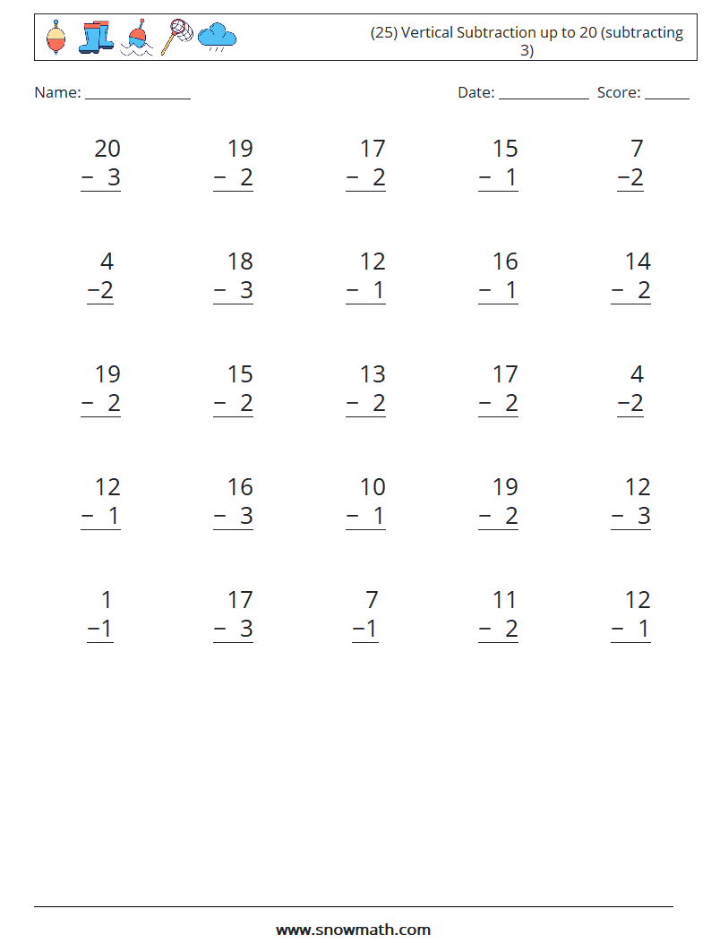 (25) Vertical Subtraction up to 20 (subtracting 3) Math Worksheets 17