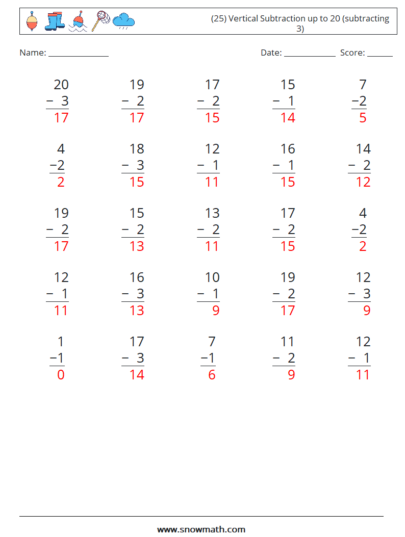 (25) Vertical Subtraction up to 20 (subtracting 3) Math Worksheets 17 Question, Answer