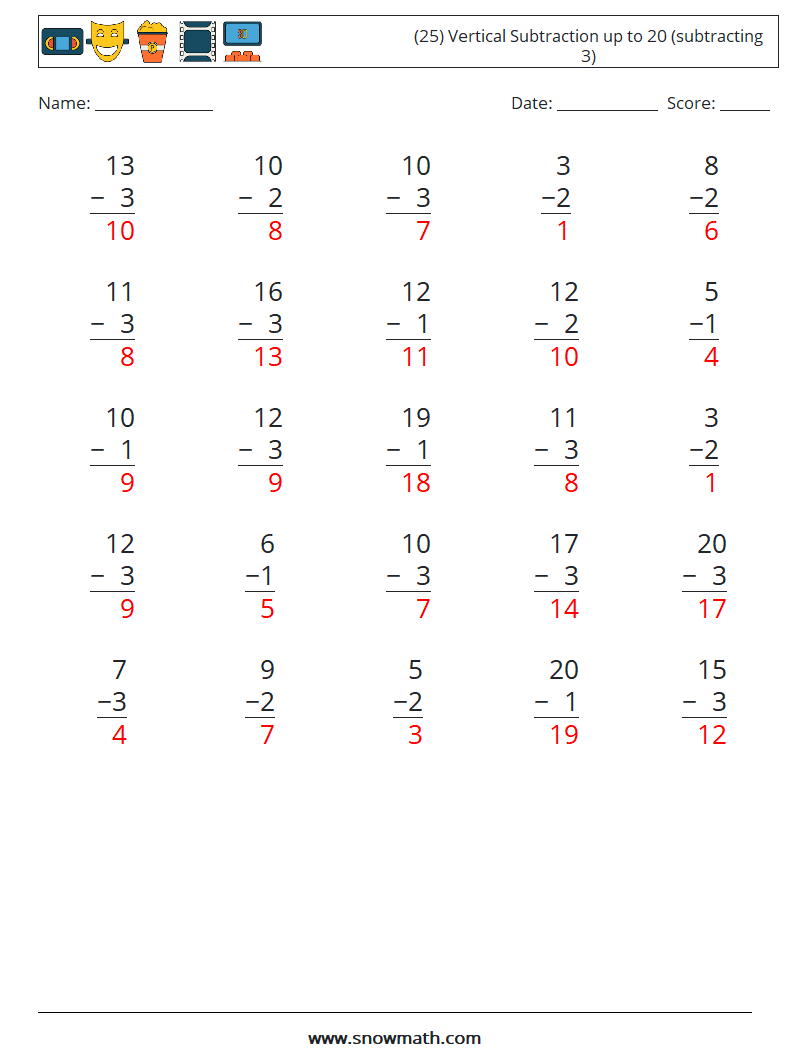 (25) Vertical Subtraction up to 20 (subtracting 3) Math Worksheets 18 Question, Answer