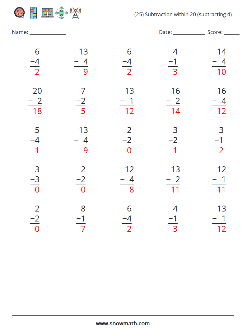 (25) Subtraction within 20 (subtracting 4) Math Worksheets 15 Question, Answer