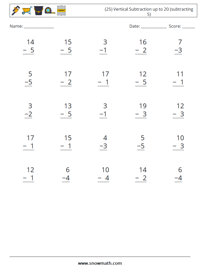 (25) Vertical Subtraction up to 20 (subtracting 5) Math Worksheets 1