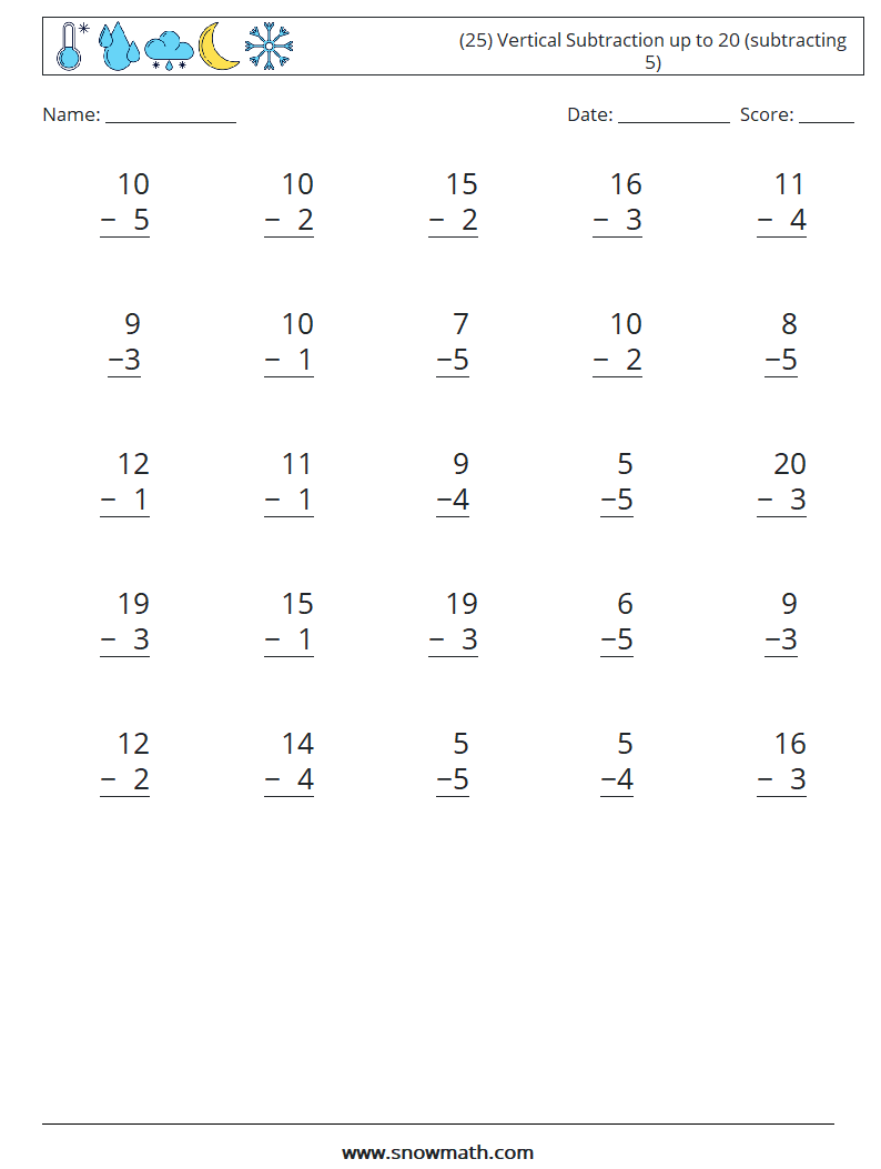 (25) Vertical Subtraction up to 20 (subtracting 5) Math Worksheets 10