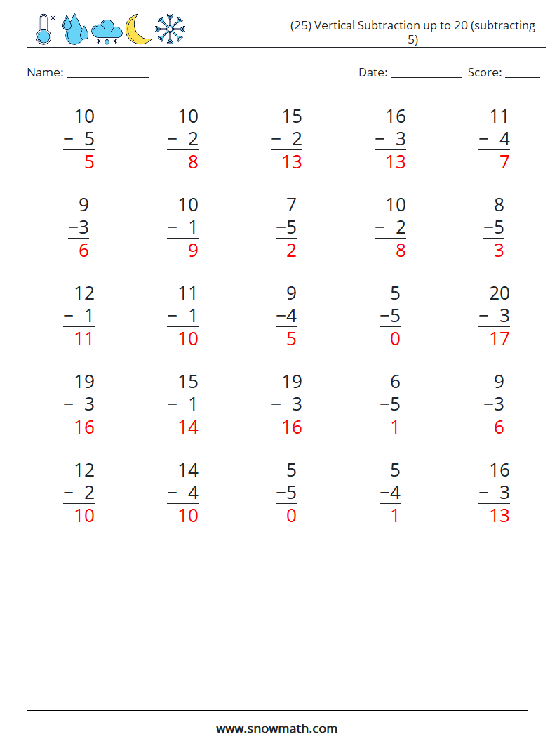 (25) Vertical Subtraction up to 20 (subtracting 5) Math Worksheets 10 Question, Answer