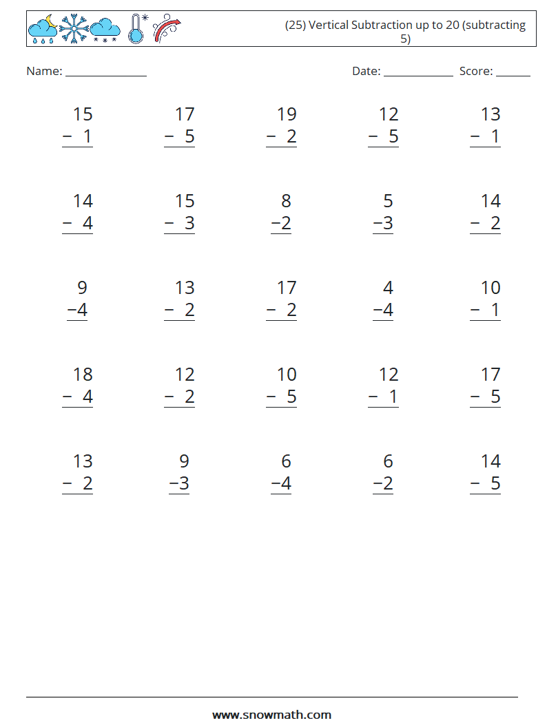 (25) Vertical Subtraction up to 20 (subtracting 5) Math Worksheets 11