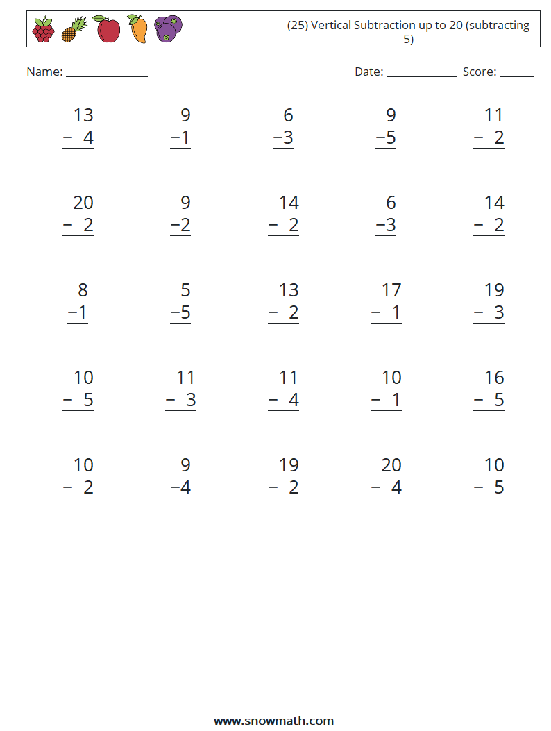 (25) Vertical Subtraction up to 20 (subtracting 5) Math Worksheets 12