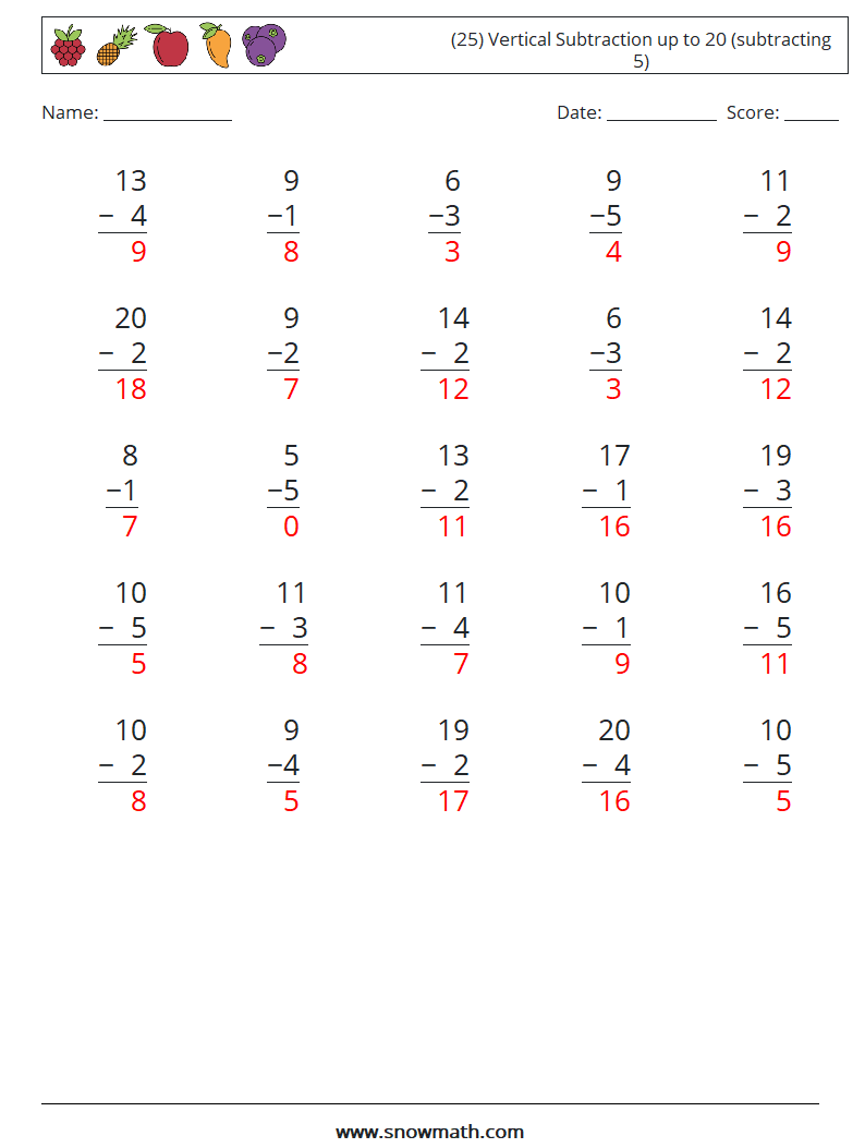 (25) Vertical Subtraction up to 20 (subtracting 5) Math Worksheets 12 Question, Answer