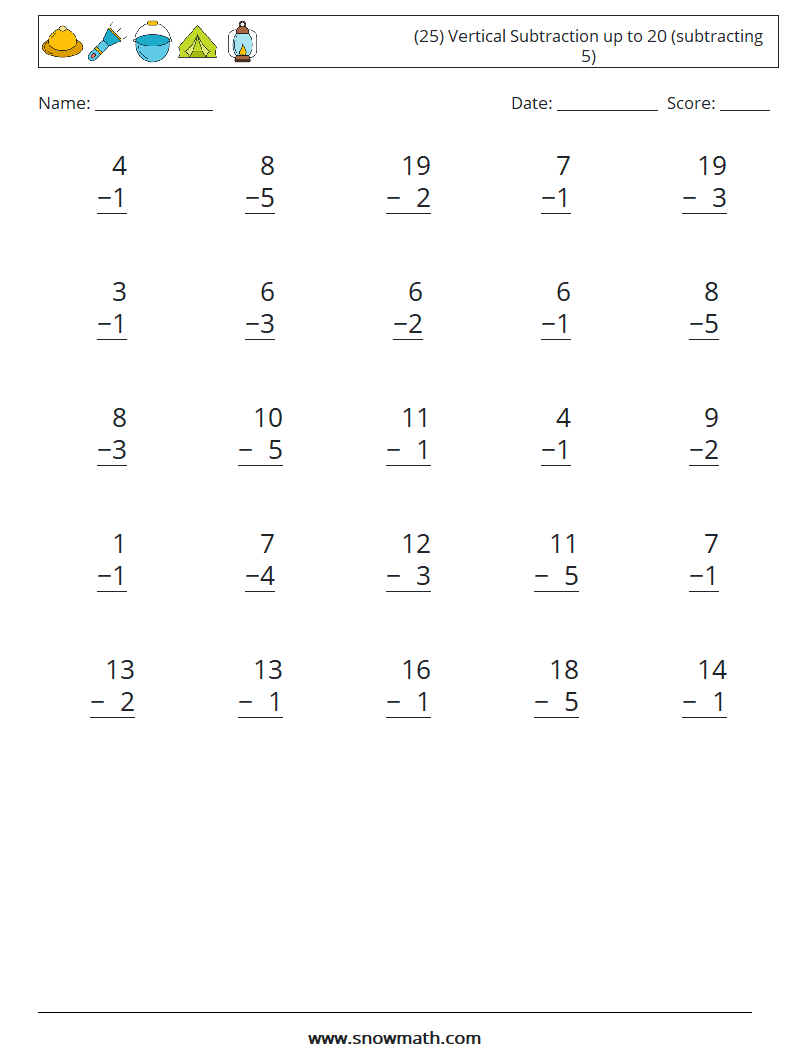 (25) Vertical Subtraction up to 20 (subtracting 5) Math Worksheets 13