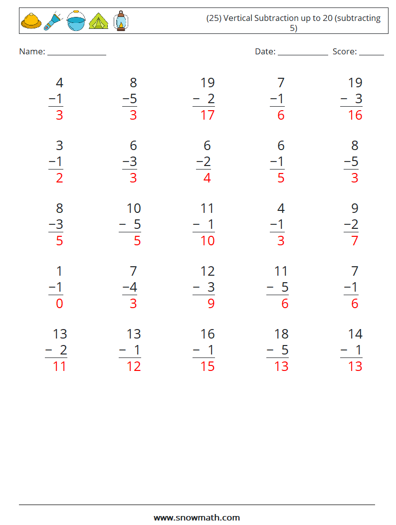 (25) Vertical Subtraction up to 20 (subtracting 5) Math Worksheets 13 Question, Answer