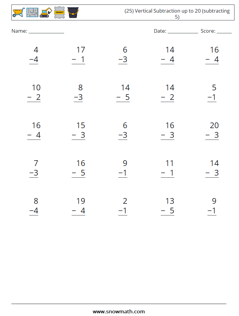 (25) Vertical Subtraction up to 20 (subtracting 5) Math Worksheets 14