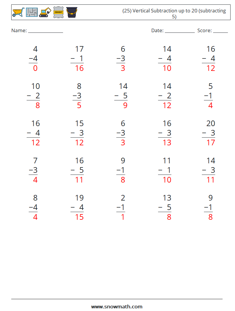 (25) Vertical Subtraction up to 20 (subtracting 5) Math Worksheets 14 Question, Answer