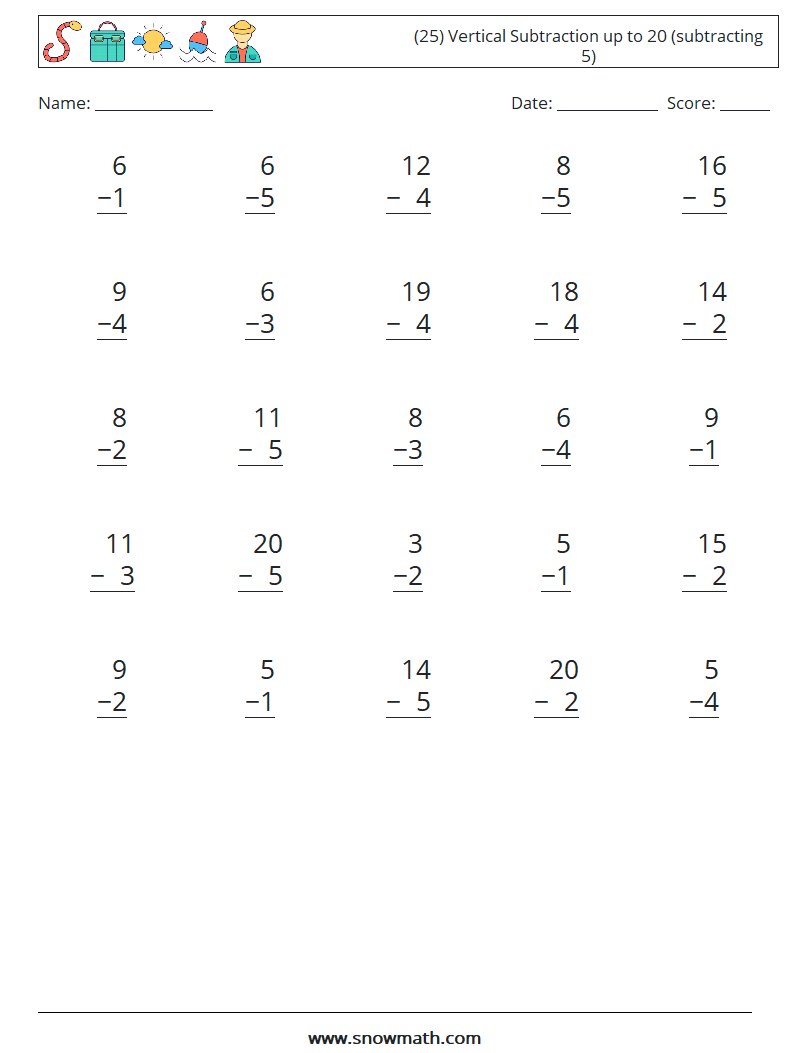 (25) Vertical Subtraction up to 20 (subtracting 5) Math Worksheets 15