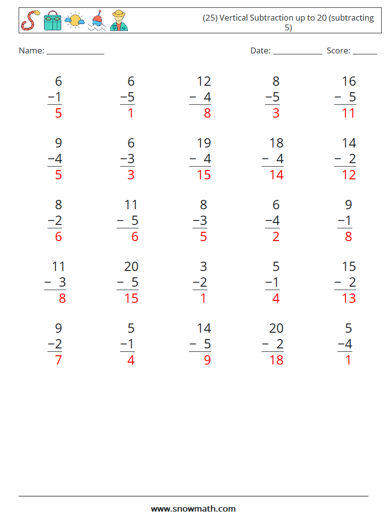 (25) Vertical Subtraction up to 20 (subtracting 5) Math Worksheets 15 Question, Answer