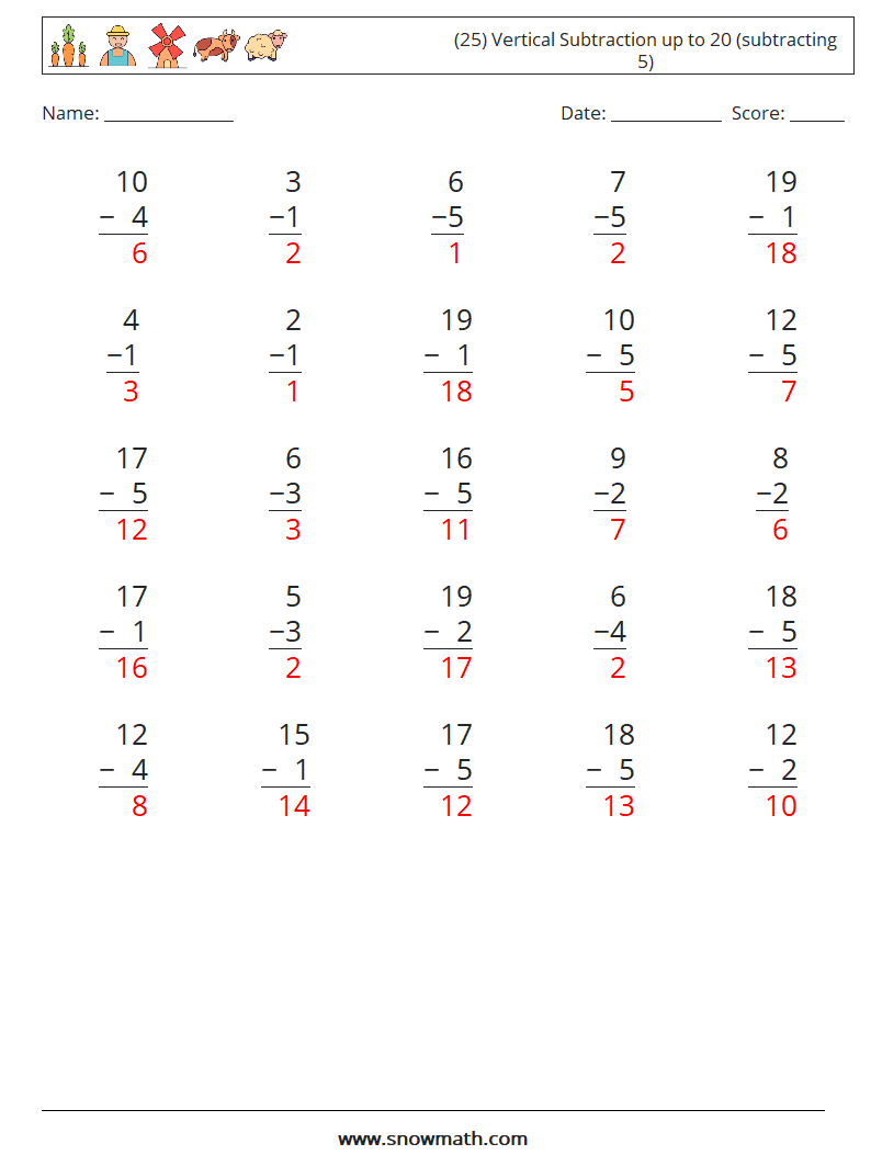 (25) Vertical Subtraction up to 20 (subtracting 5) Math Worksheets 16 Question, Answer