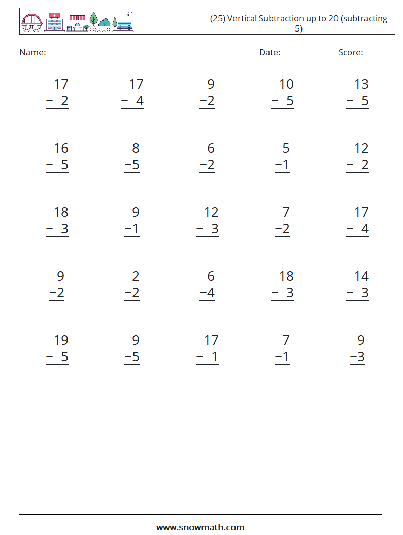 (25) Vertical Subtraction up to 20 (subtracting 5) Math Worksheets 17