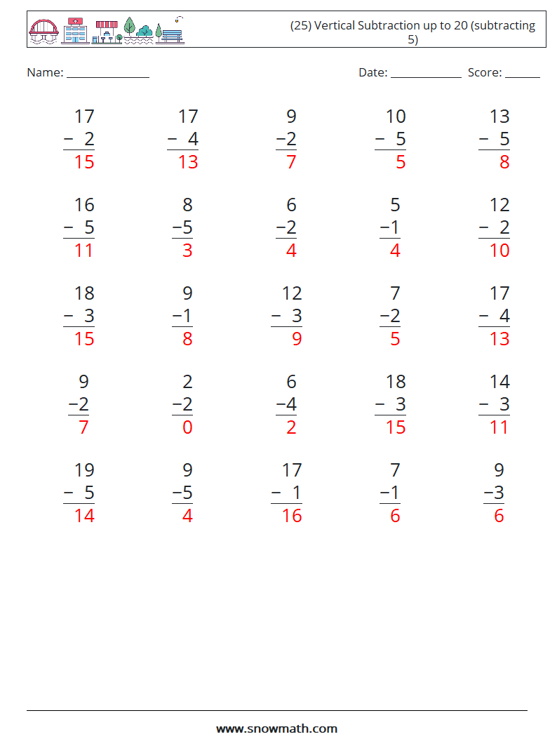 (25) Vertical Subtraction up to 20 (subtracting 5) Math Worksheets 17 Question, Answer