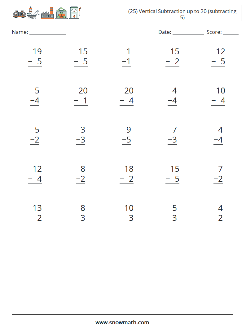 (25) Vertical Subtraction up to 20 (subtracting 5) Math Worksheets 18