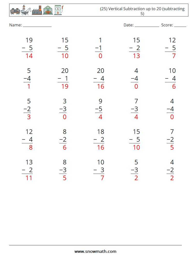 (25) Vertical Subtraction up to 20 (subtracting 5) Math Worksheets 18 Question, Answer