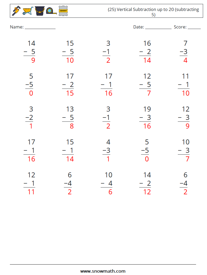 (25) Vertical Subtraction up to 20 (subtracting 5) Math Worksheets 1 Question, Answer