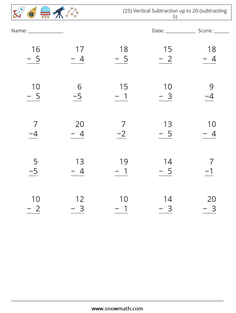 (25) Vertical Subtraction up to 20 (subtracting 5) Math Worksheets 2