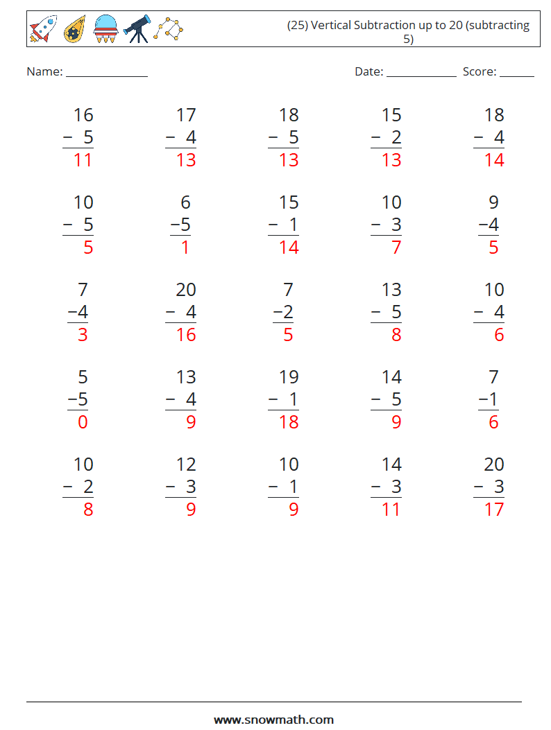 (25) Vertical Subtraction up to 20 (subtracting 5) Math Worksheets 2 Question, Answer