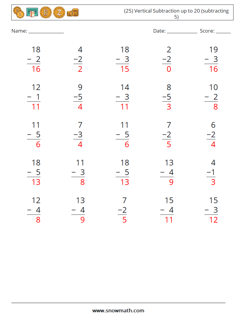 (25) Vertical Subtraction up to 20 (subtracting 5) Math Worksheets 3 Question, Answer