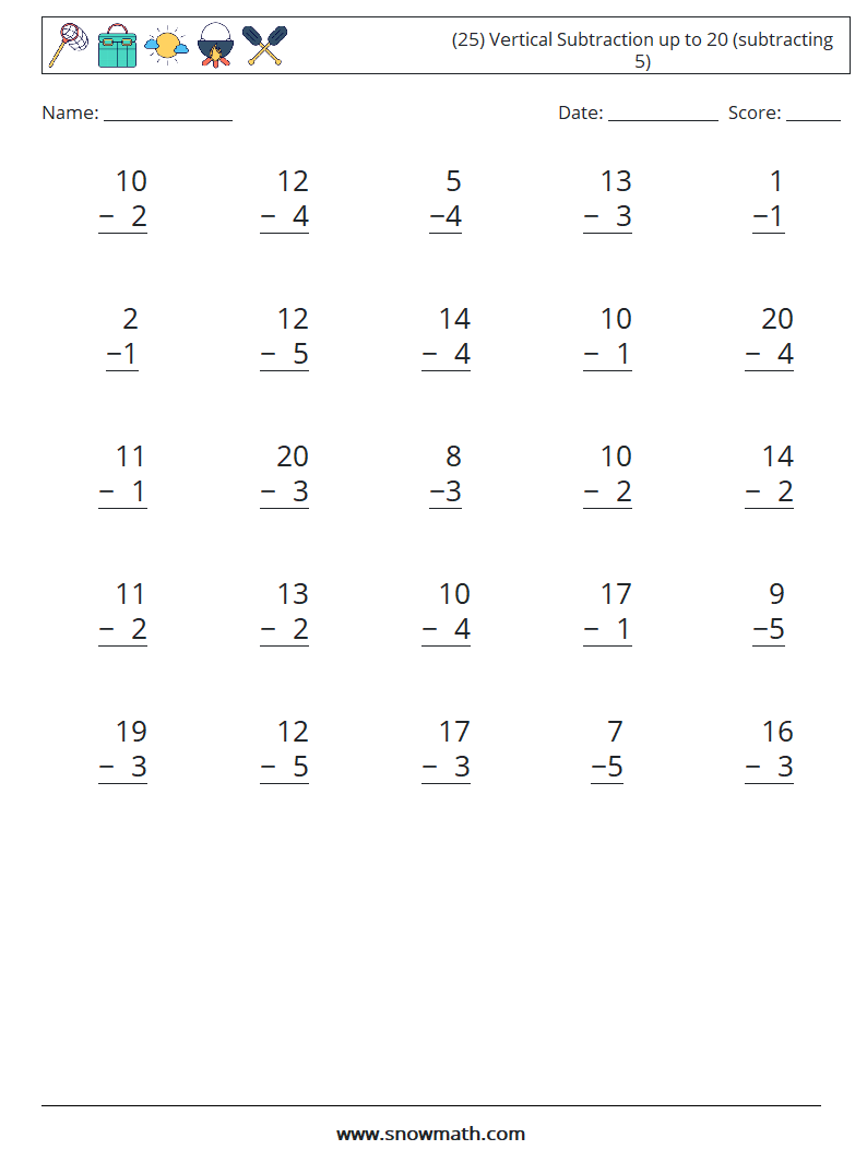 (25) Vertical Subtraction up to 20 (subtracting 5) Math Worksheets 4
