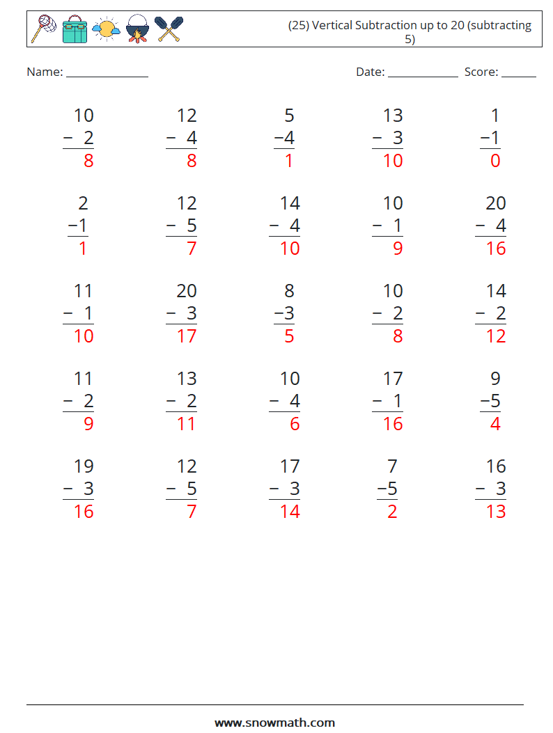 (25) Vertical Subtraction up to 20 (subtracting 5) Math Worksheets 4 Question, Answer