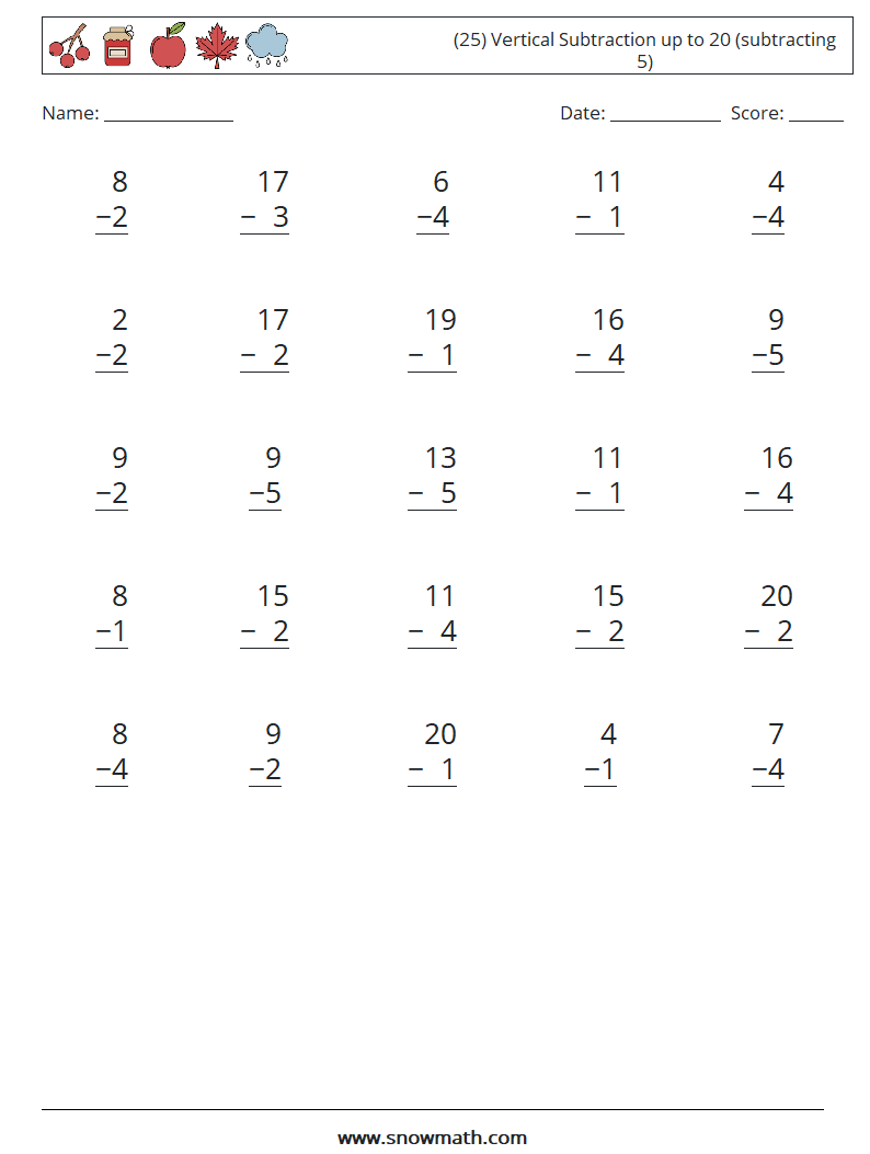 (25) Vertical Subtraction up to 20 (subtracting 5) Math Worksheets 5