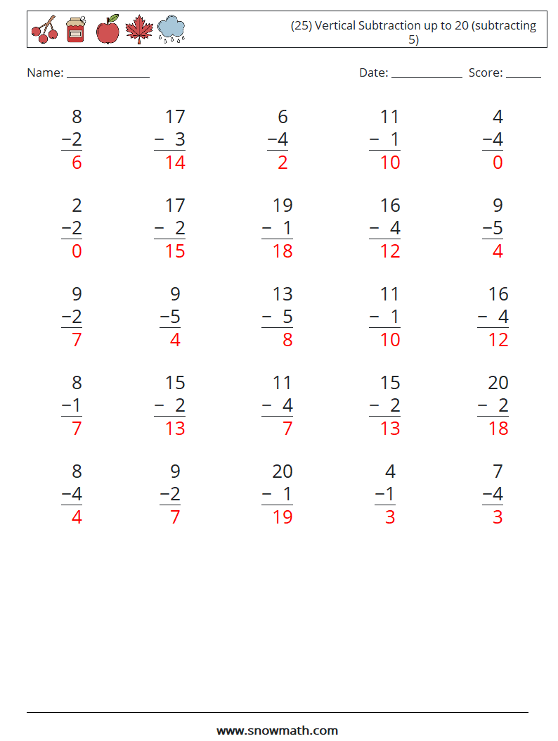 (25) Vertical Subtraction up to 20 (subtracting 5) Math Worksheets 5 Question, Answer