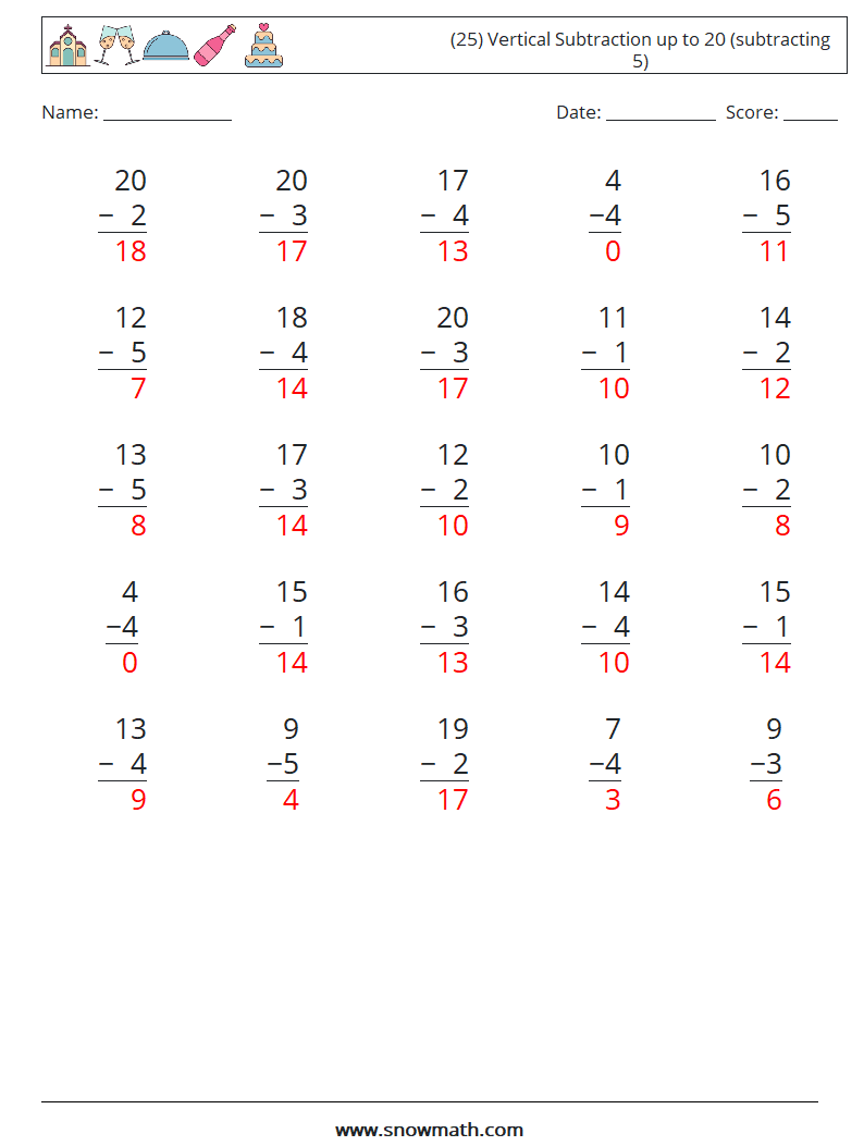 (25) Vertical Subtraction up to 20 (subtracting 5) Math Worksheets 6 Question, Answer