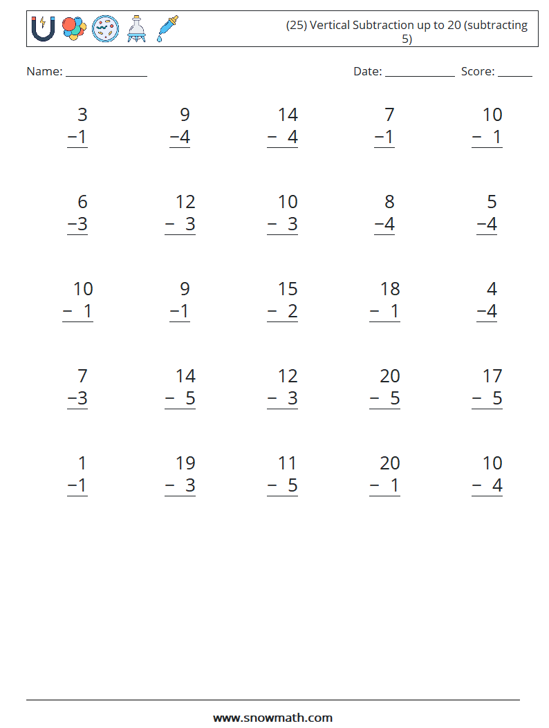 (25) Vertical Subtraction up to 20 (subtracting 5) Math Worksheets 9