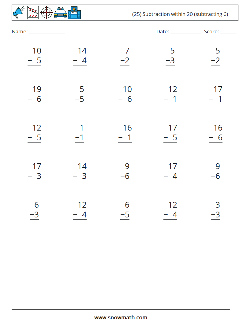 (25) Subtraction within 20 (subtracting 6) Math Worksheets 10