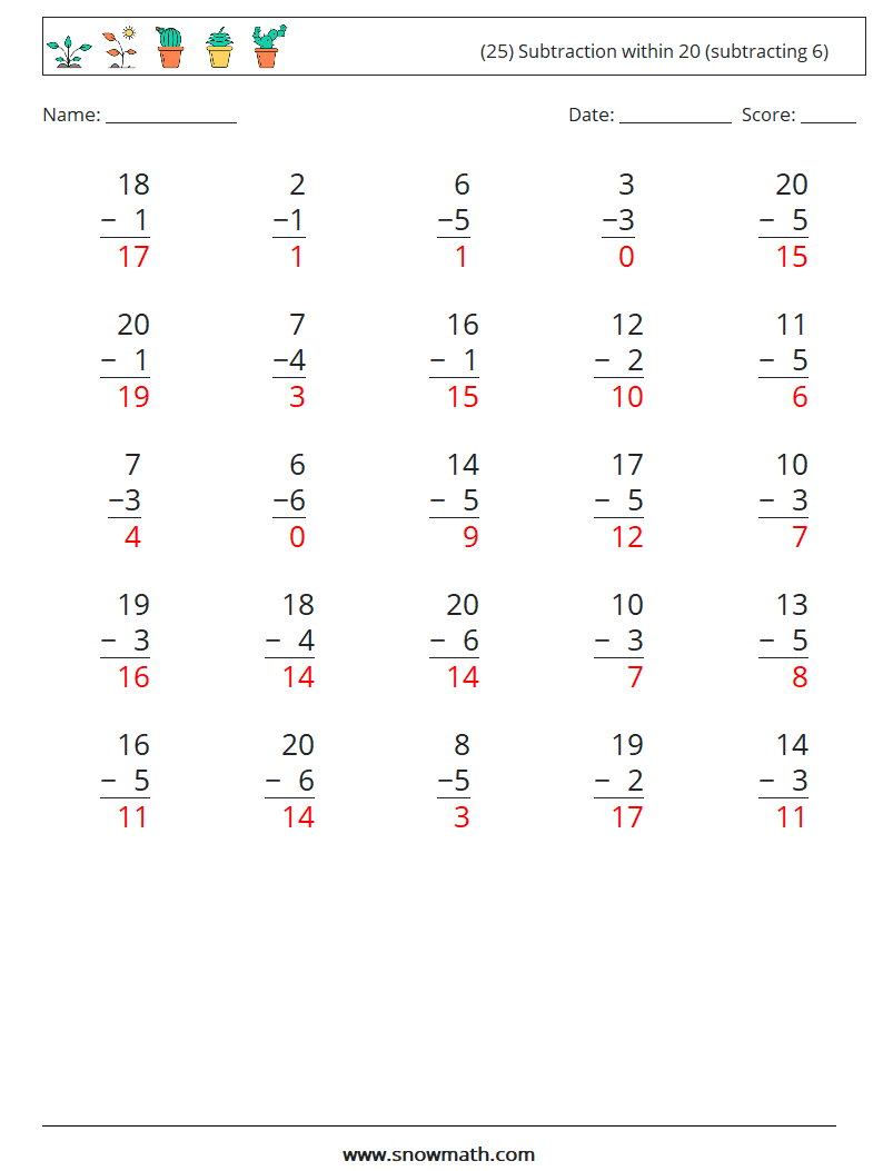 (25) Subtraction within 20 (subtracting 6) Math Worksheets 11 Question, Answer