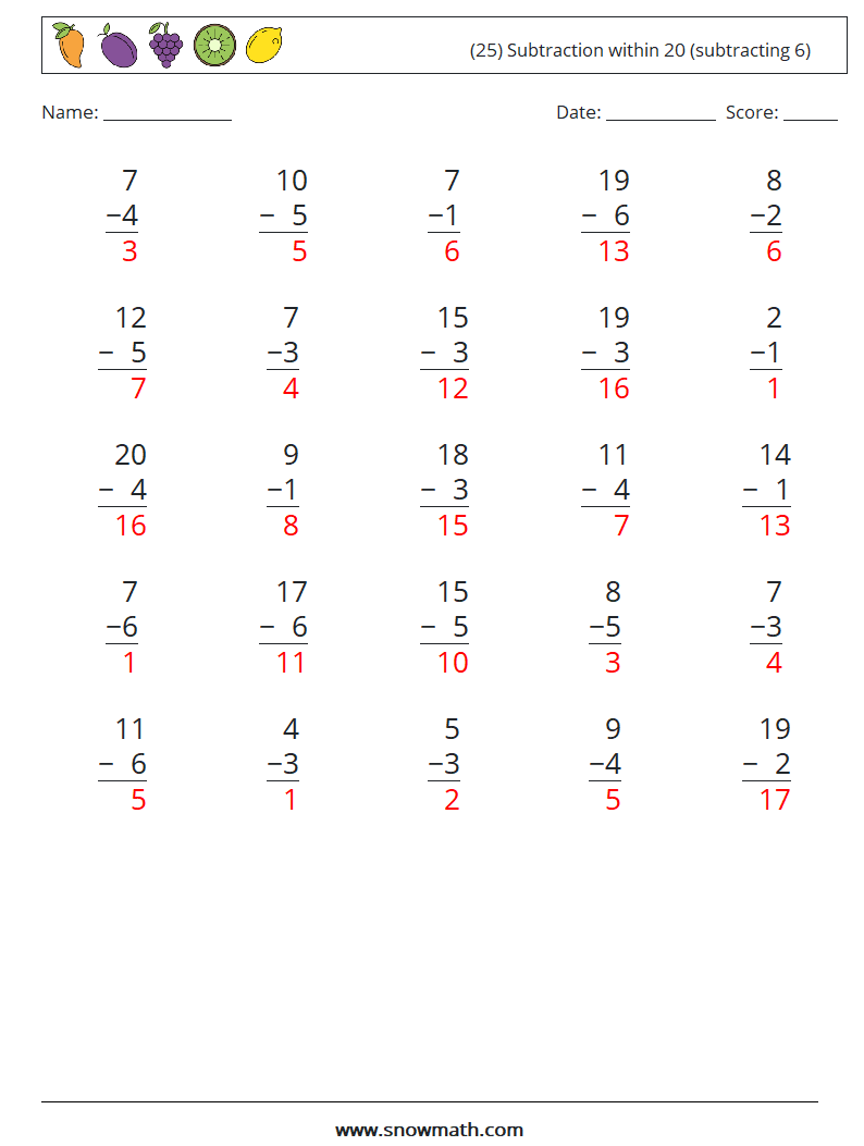 (25) Subtraction within 20 (subtracting 6) Math Worksheets 13 Question, Answer