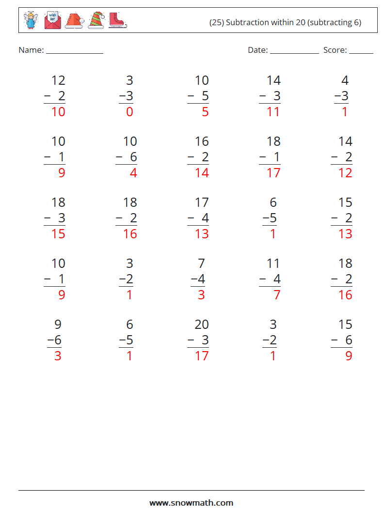 (25) Subtraction within 20 (subtracting 6) Math Worksheets 14 Question, Answer