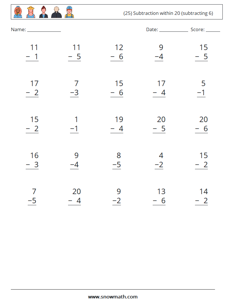 (25) Subtraction within 20 (subtracting 6) Math Worksheets 15