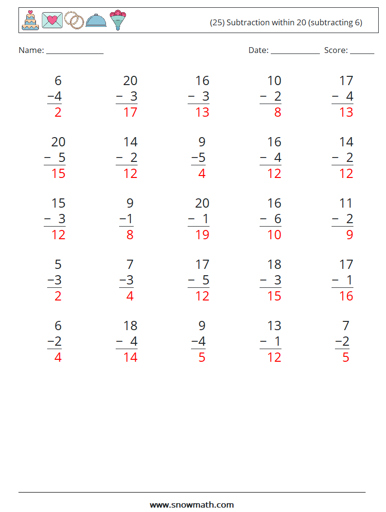 (25) Subtraction within 20 (subtracting 6) Math Worksheets 18 Question, Answer