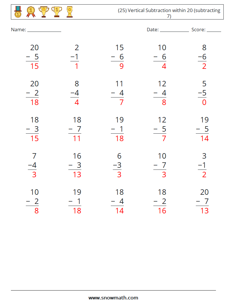 (25) Vertical Subtraction within 20 (subtracting 7) Math Worksheets 15 Question, Answer