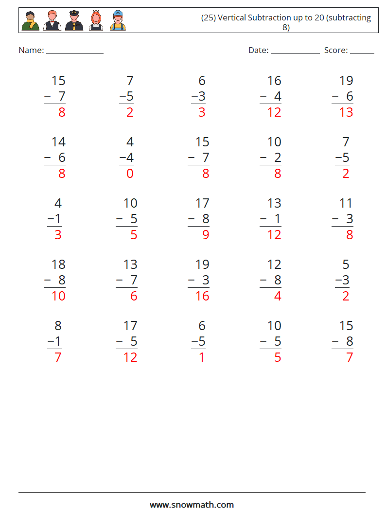 (25) Vertical Subtraction up to 20 (subtracting 8) Math Worksheets 12 Question, Answer