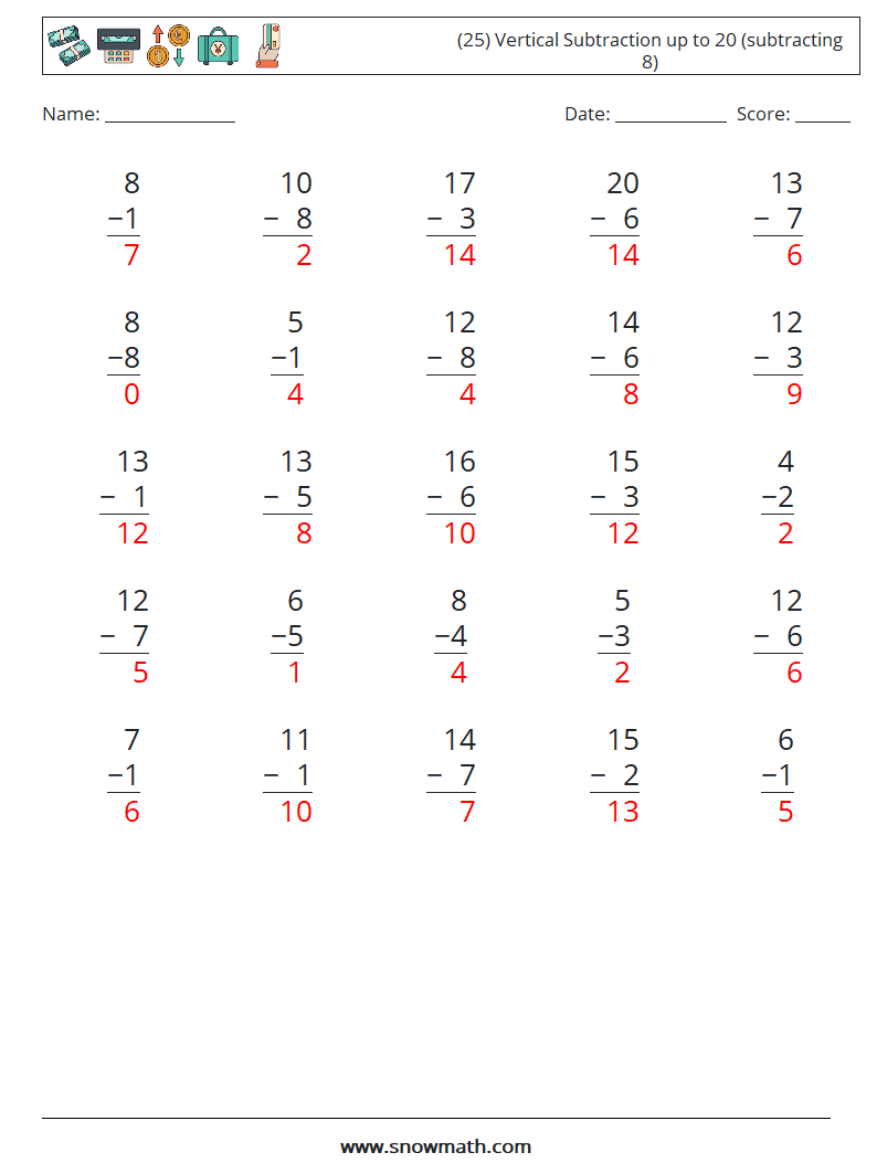 (25) Vertical Subtraction up to 20 (subtracting 8) Math Worksheets 15 Question, Answer