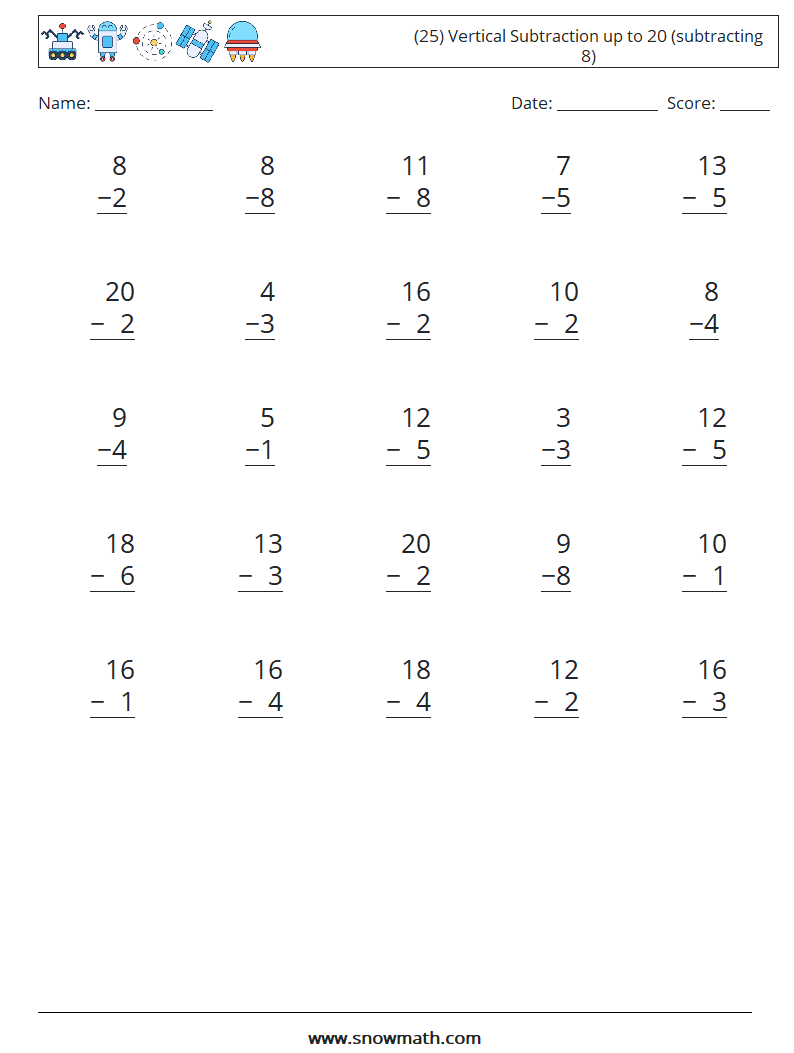 Canada (25) vertical subtraction up to 20 (subtracting 8) Math ...